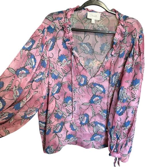 Cleobella Emily Blouse Top Lotus Print Long Sleeves Flowy Pink Blue Size XL - Picture 5 of 12